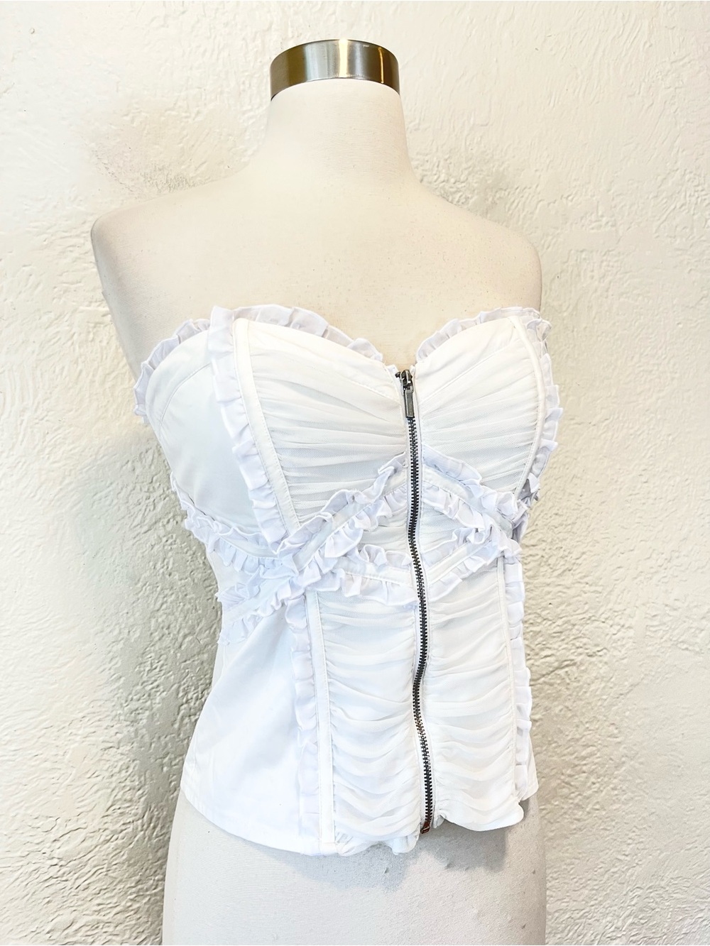 Vintage Bebe Corset Bustier Top White Ruffle Ruched Coquette Fairy 90s Y2K Small - Picture 4 of 11